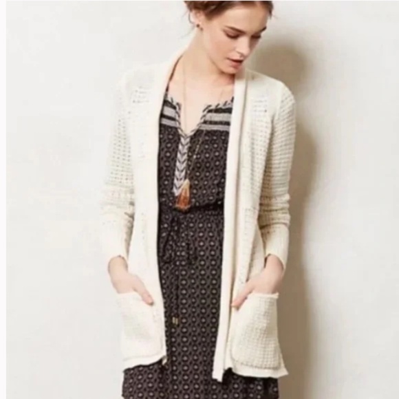 Anthropologie Angel of the North Open Ivory Knit cotton blend Cardigan sweater M - Picture 1 of 16